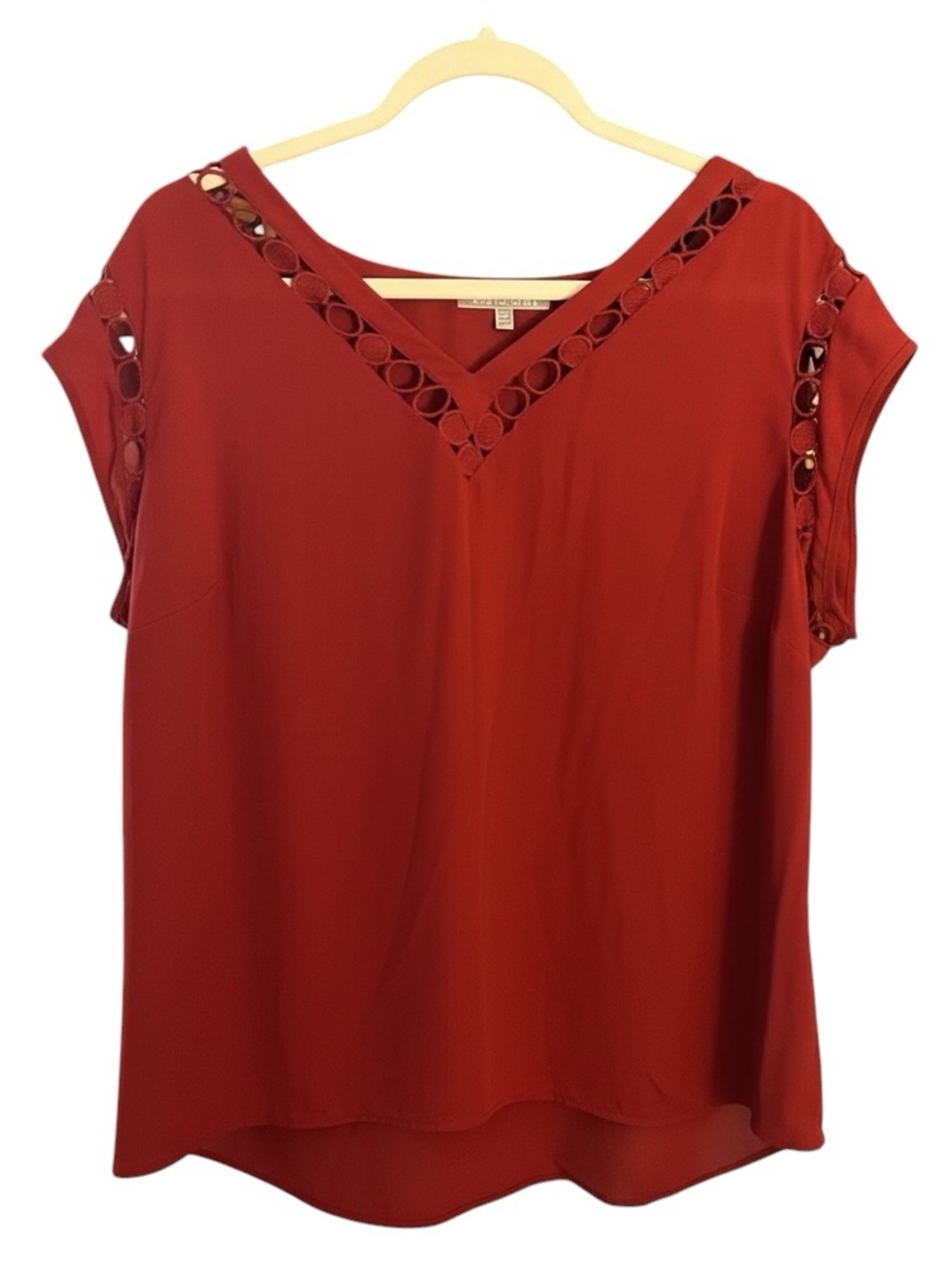 Daniel Rainn Rust Red V-Neck Short Sleeve Blouse with Eyelet Detail